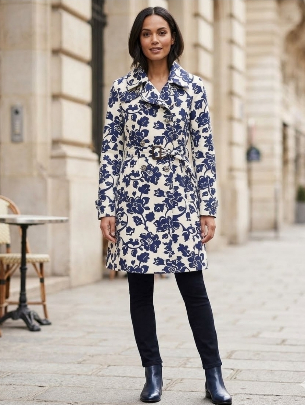 Merona Blue Floral Trench Coat Jacket